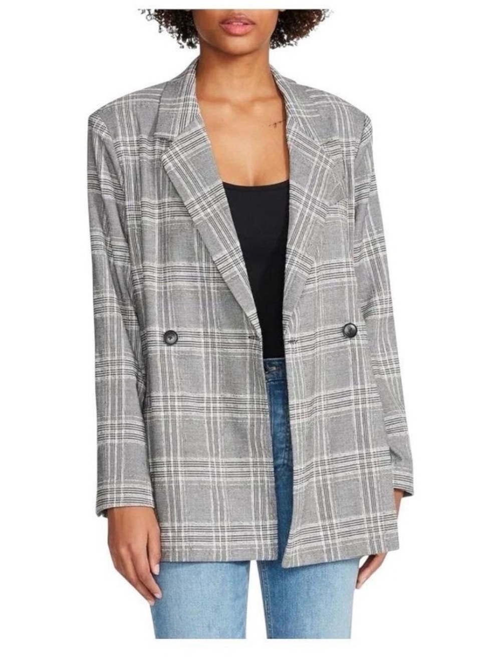 Steve Madden || Gray Plaid Double-Breasted Women's Blazer Jacket